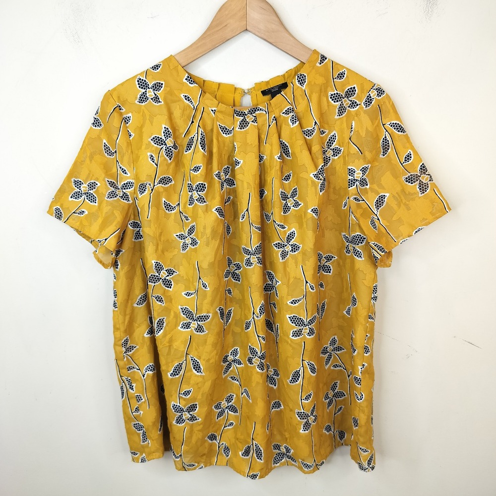 Ann Taylor Floral Blouse Peated Large Pleated Jacquard Mustard Yellow